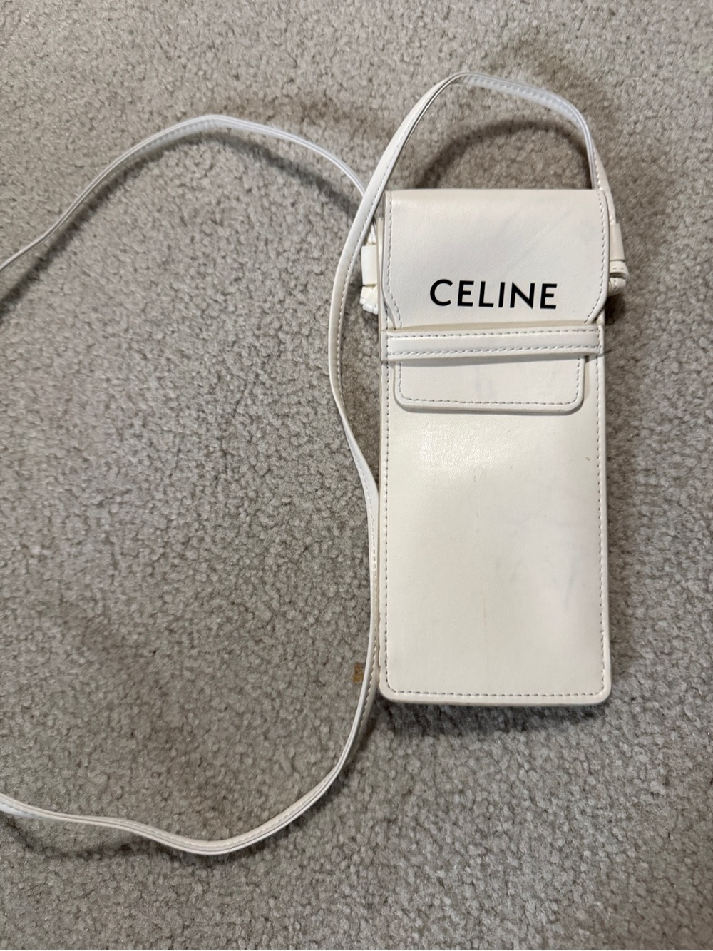 Celine White Leather Vertical Phone Pouch with Strap
